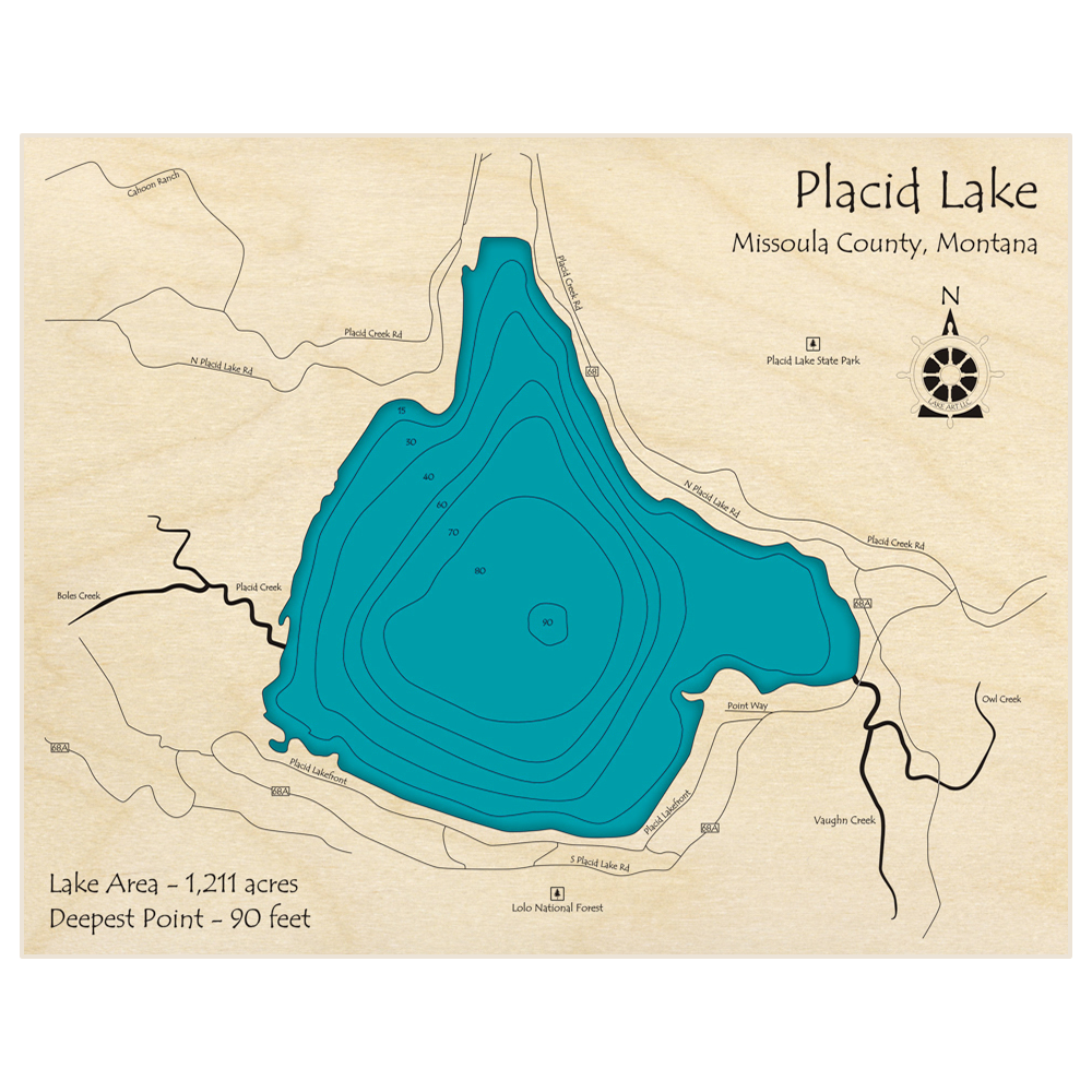 Bathymetric topo map of Placid Lake with roads, towns and depths noted in blue water