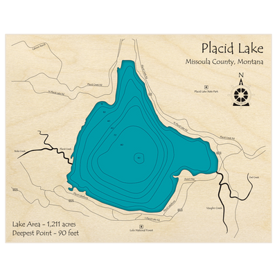 Bathymetric topo map of Placid Lake with roads, towns and depths noted in blue water