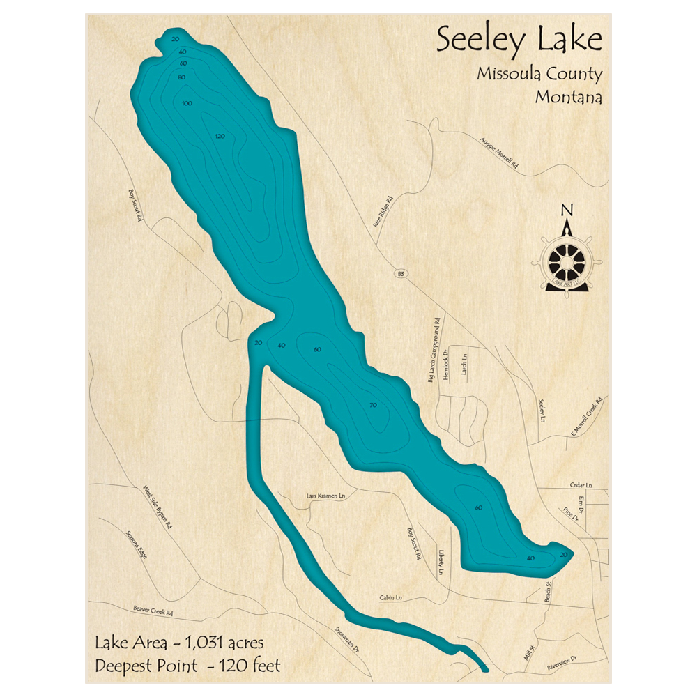 Bathymetric topo map of Seeley Lake with roads, towns and depths noted in blue water