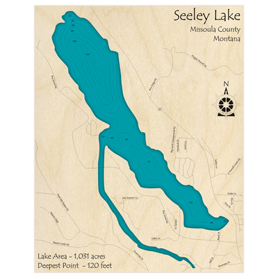 Bathymetric topo map of Seeley Lake with roads, towns and depths noted in blue water