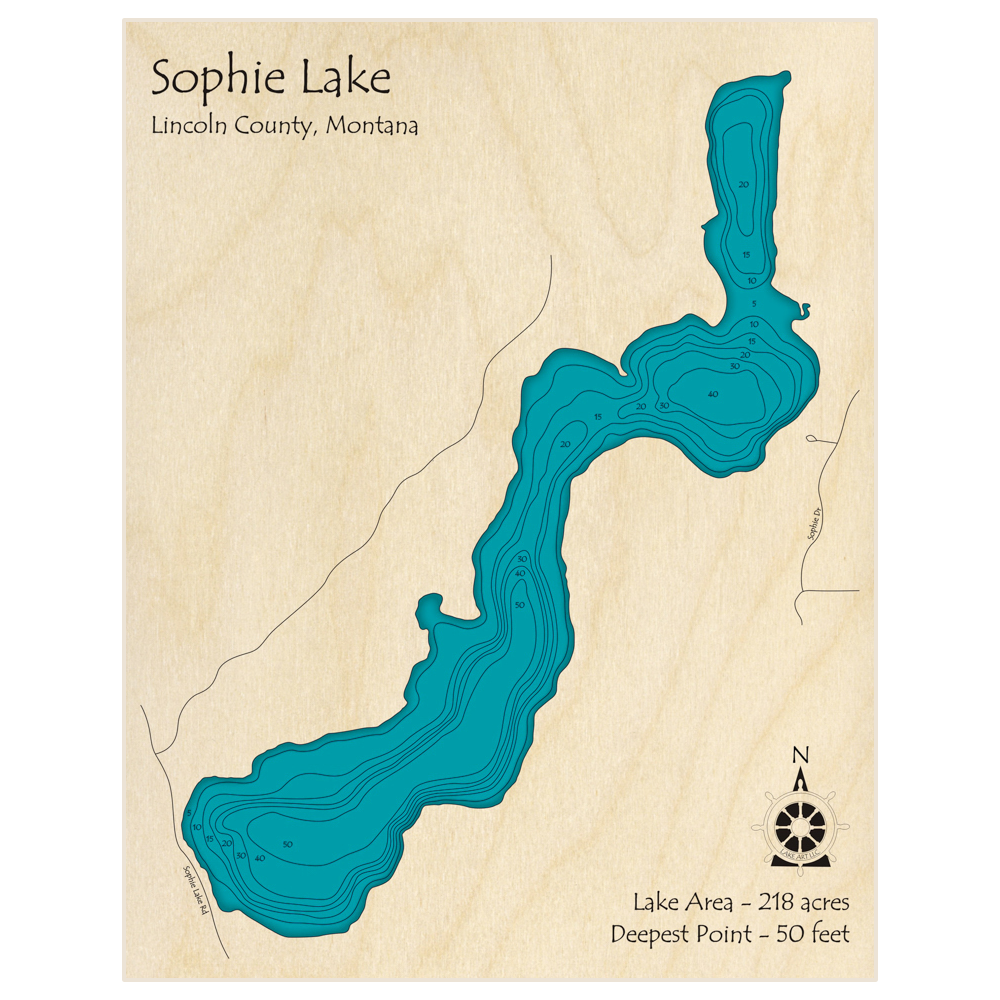 Bathymetric topo map of Sophie Lake with roads, towns and depths noted in blue water