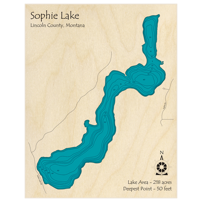 Bathymetric topo map of Sophie Lake with roads, towns and depths noted in blue water