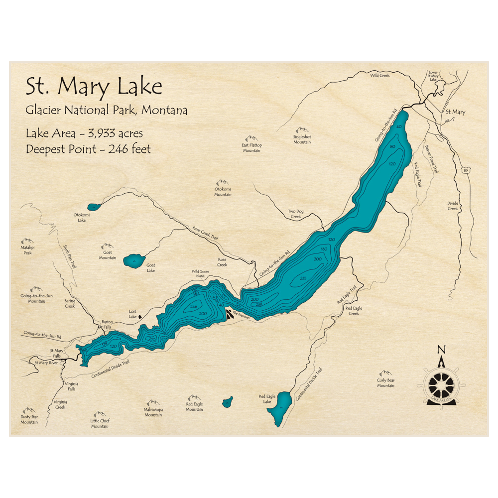 Bathymetric topo map of St Mary Lake with roads, towns and depths noted in blue water
