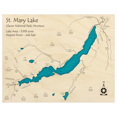 Bathymetric topo map of St Mary Lake with roads, towns and depths noted in blue water