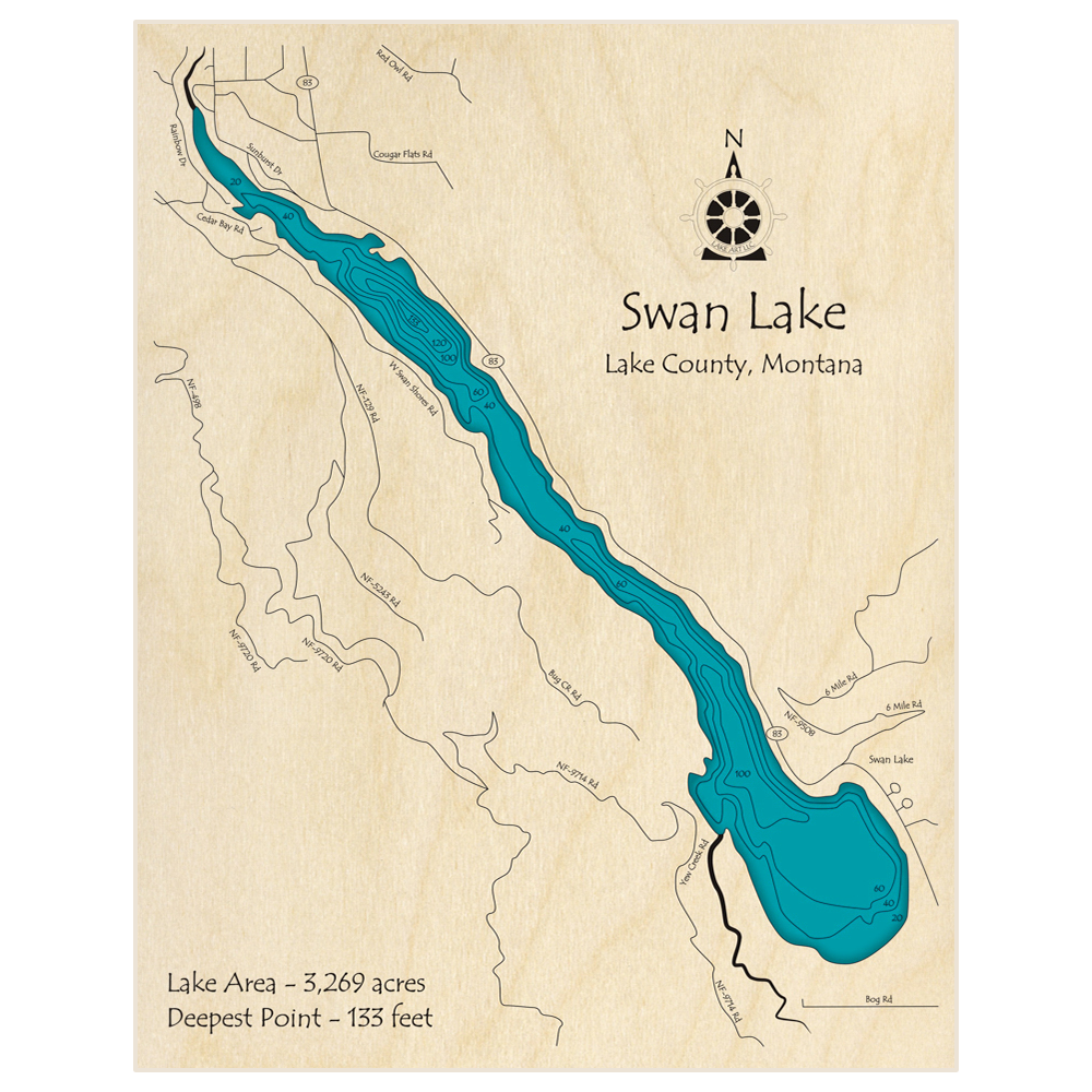 Bathymetric topo map of Swan Lake with roads, towns and depths noted in blue water