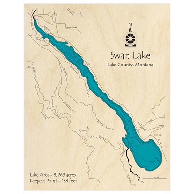 Bathymetric topo map of Swan Lake with roads, towns and depths noted in blue water