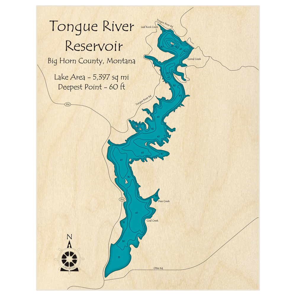 Bathymetric topo map of Tongue River Reservoir with roads, towns and depths noted in blue water