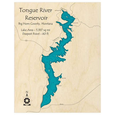 Bathymetric topo map of Tongue River Reservoir with roads, towns and depths noted in blue water