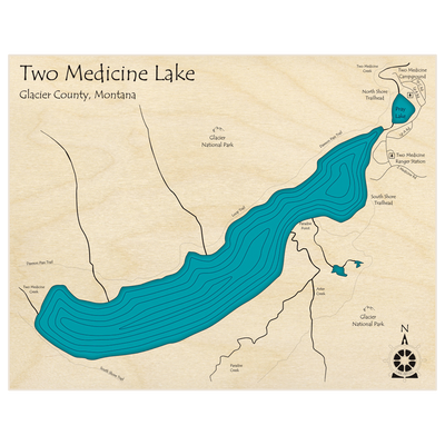 Bathymetric topo map of Two Medicine Lake  with roads, towns and depths noted in blue water
