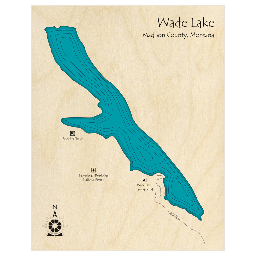 Bathymetric topo map of Wade Lake with roads, towns and depths noted in blue water
