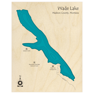 Bathymetric topo map of Wade Lake with roads, towns and depths noted in blue water