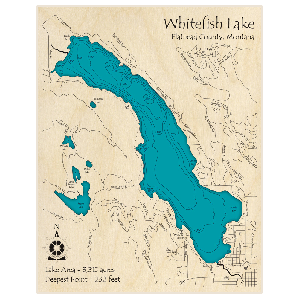 Bathymetric topo map of Whitefish Lake with roads, towns and depths noted in blue water