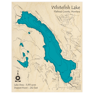 Bathymetric topo map of Whitefish Lake with roads, towns and depths noted in blue water