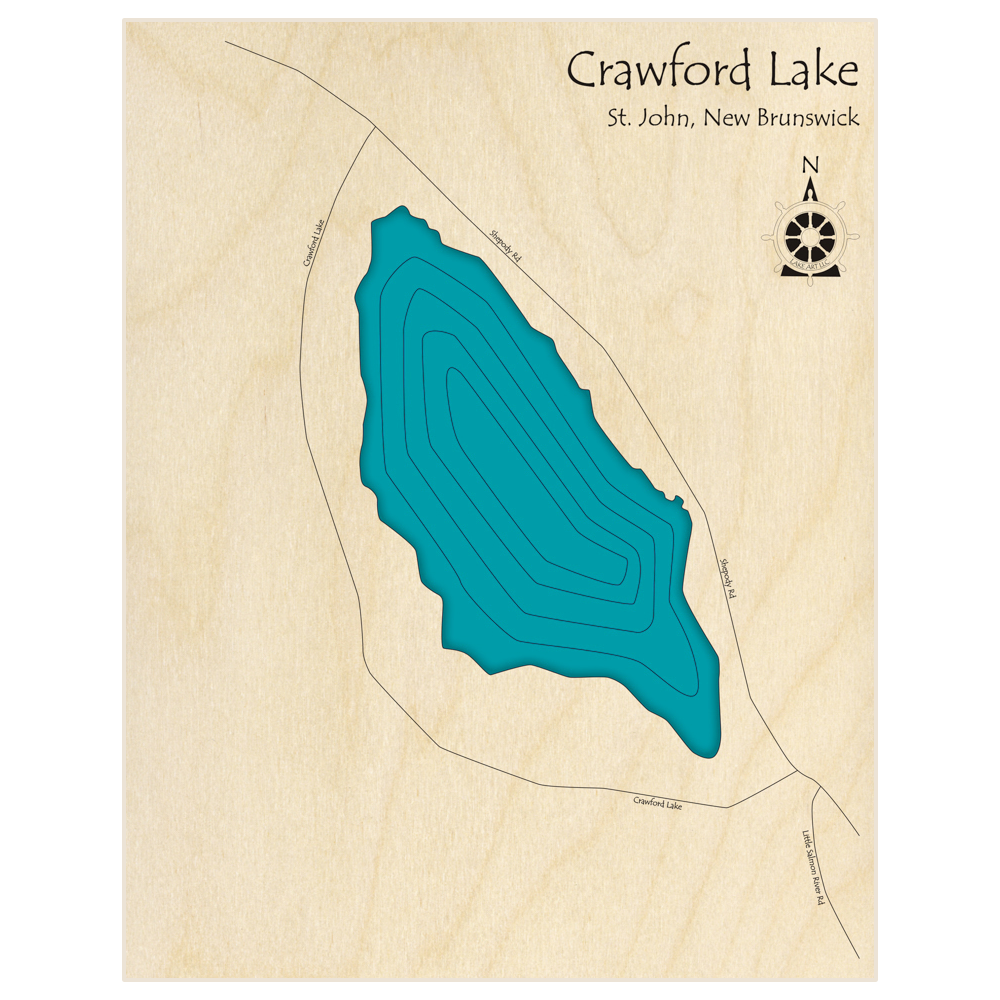 Bathymetric topo map of Crawford Lake  with roads, towns and depths noted in blue water