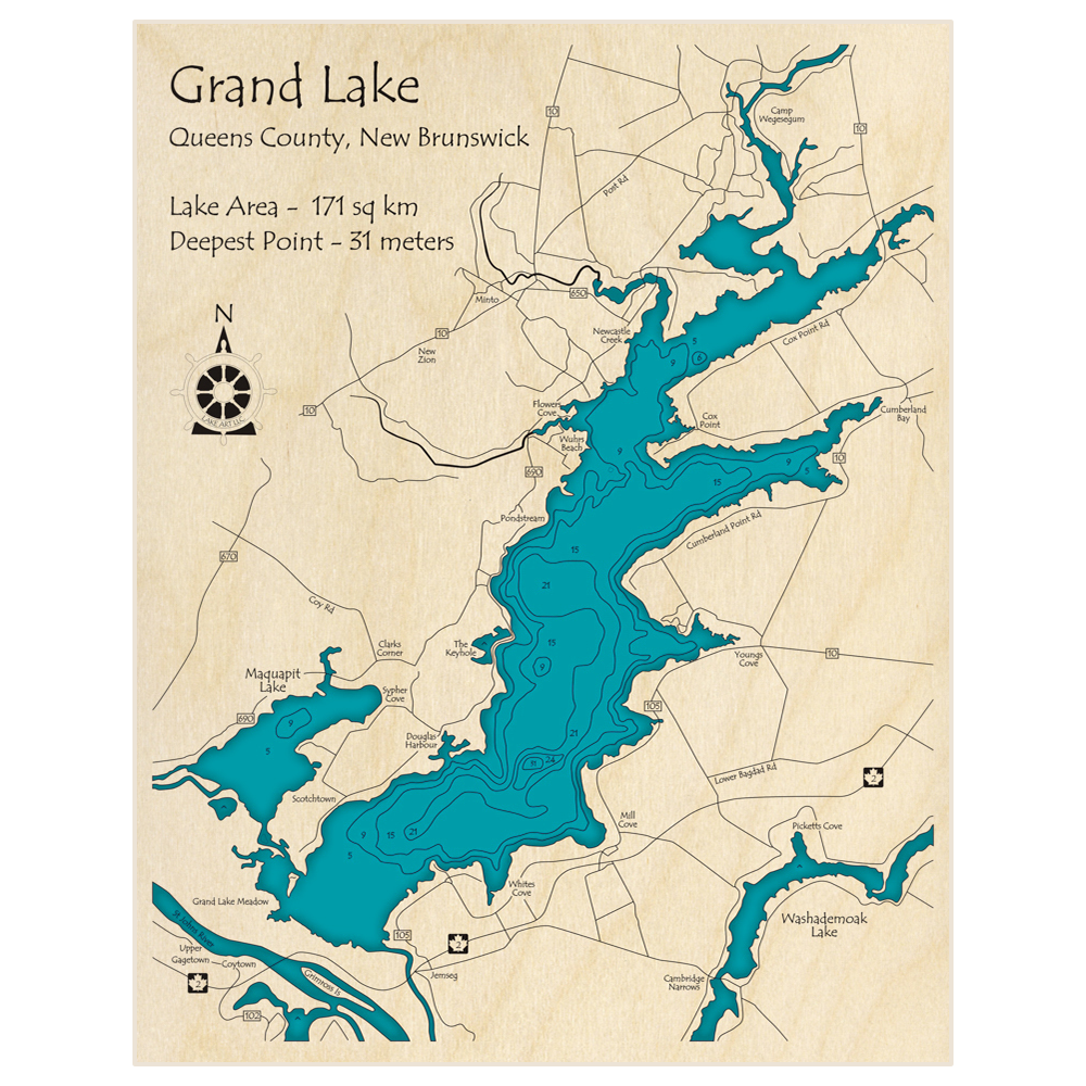 Bathymetric topo map of Grand Lake (In Metric) with roads, towns and depths noted in blue water