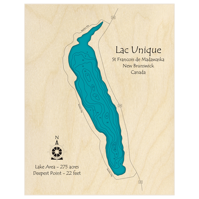 Bathymetric topo map of Lac Unique with roads, towns and depths noted in blue water