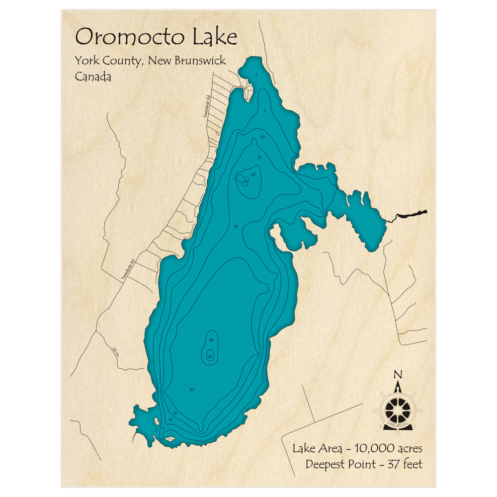 Bathymetric topo map of Oromocto Lake with roads, towns and depths noted in blue water