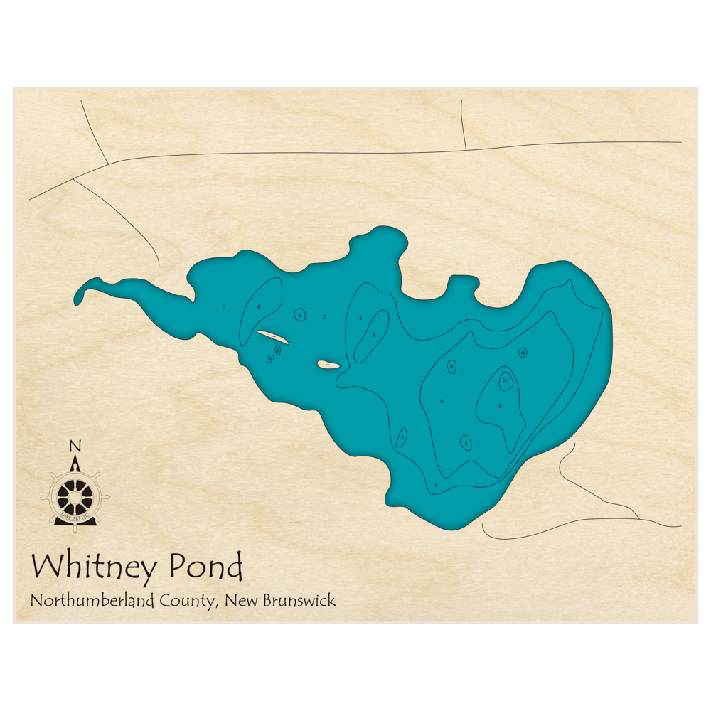 Bathymetric topo map of Whitney Pond with roads, towns and depths noted in blue water