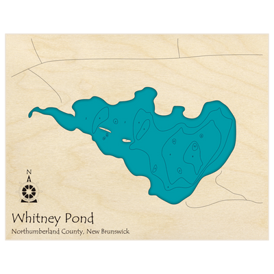 Bathymetric topo map of Whitney Pond with roads, towns and depths noted in blue water