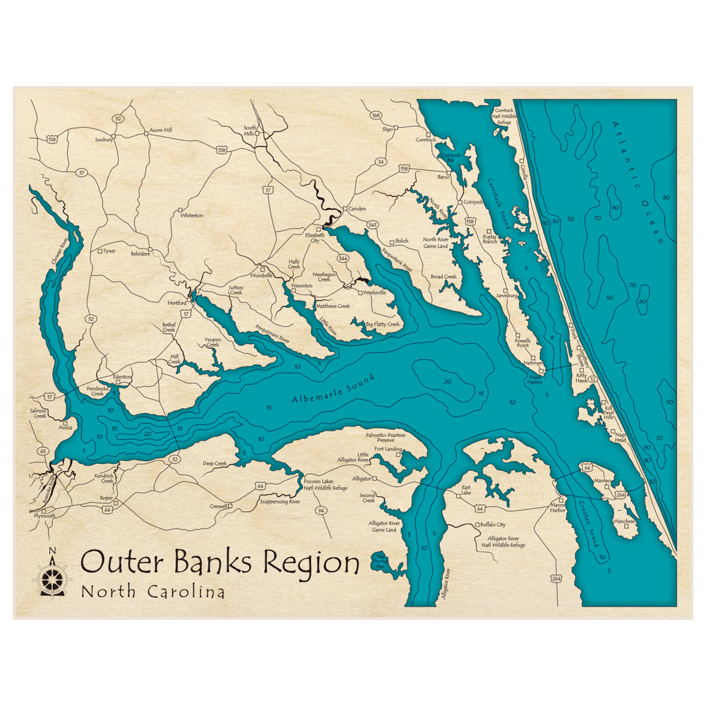 Bathymetric topo map of Albemarle Sound Extended with roads, towns and depths noted in blue water