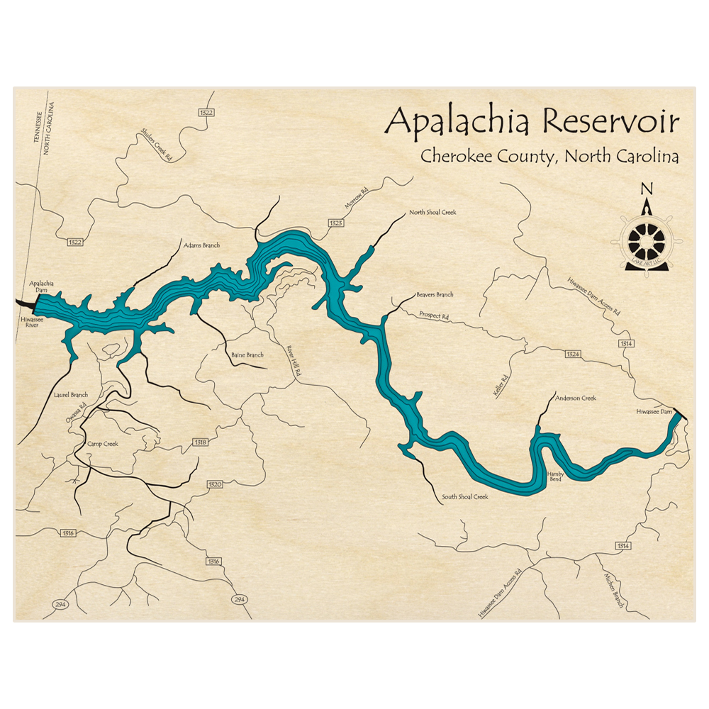 Bathymetric topo map of Apalachia Reservoir  with roads, towns and depths noted in blue water