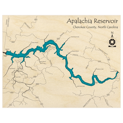 Bathymetric topo map of Apalachia Reservoir  with roads, towns and depths noted in blue water