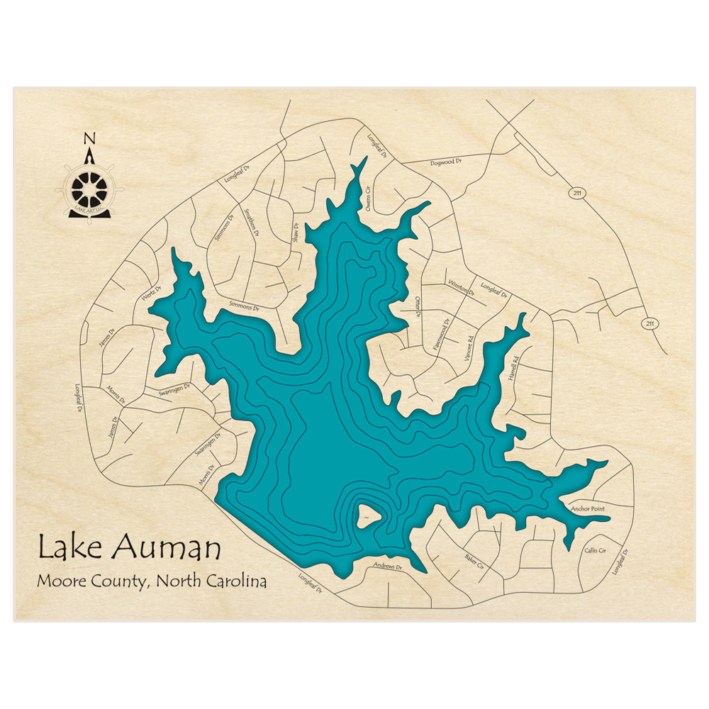 Bathymetric topo map of Auman Lake  with roads, towns and depths noted in blue water