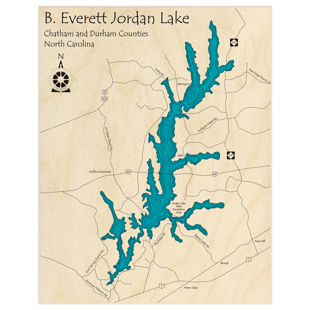 Bathymetric topo map of B Everett Jordan Lake  with roads, towns and depths noted in blue water