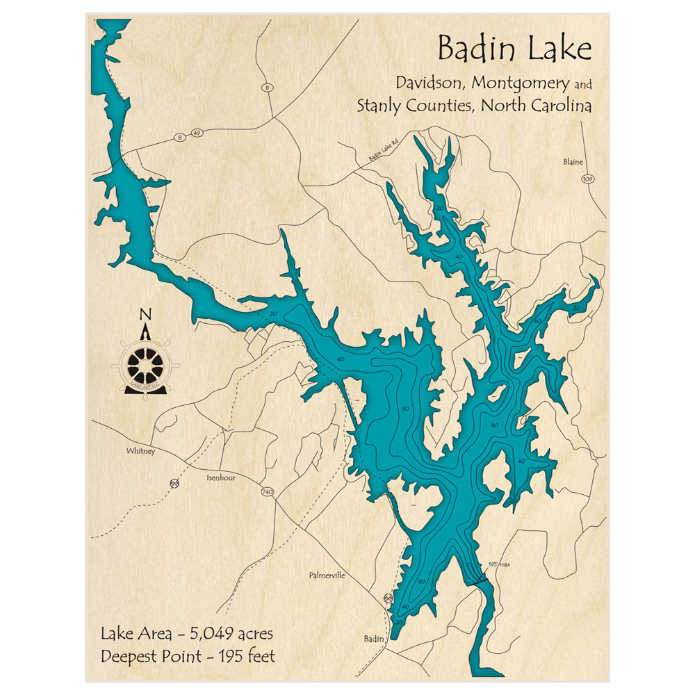 Bathymetric topo map of Badin Lake with roads, towns and depths noted in blue water