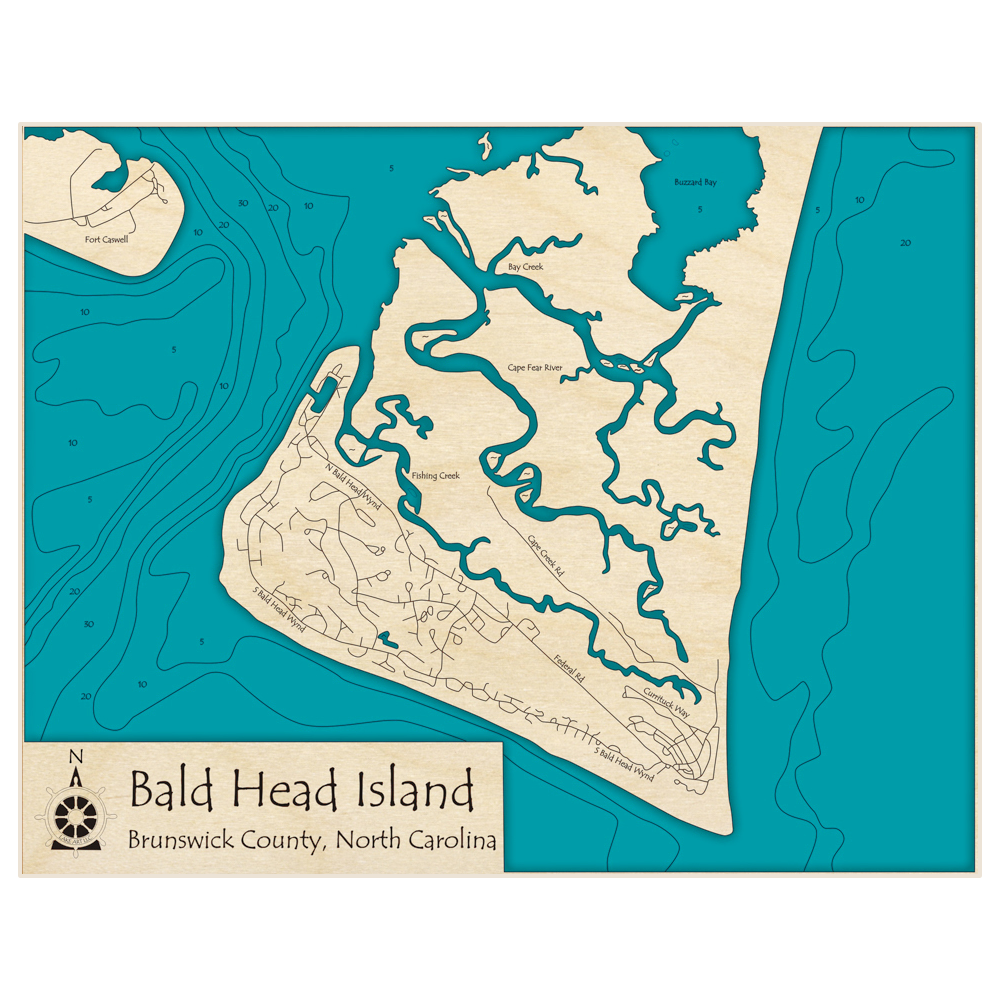 Bathymetric topo map of Bald Head Island with roads, towns and depths noted in blue water