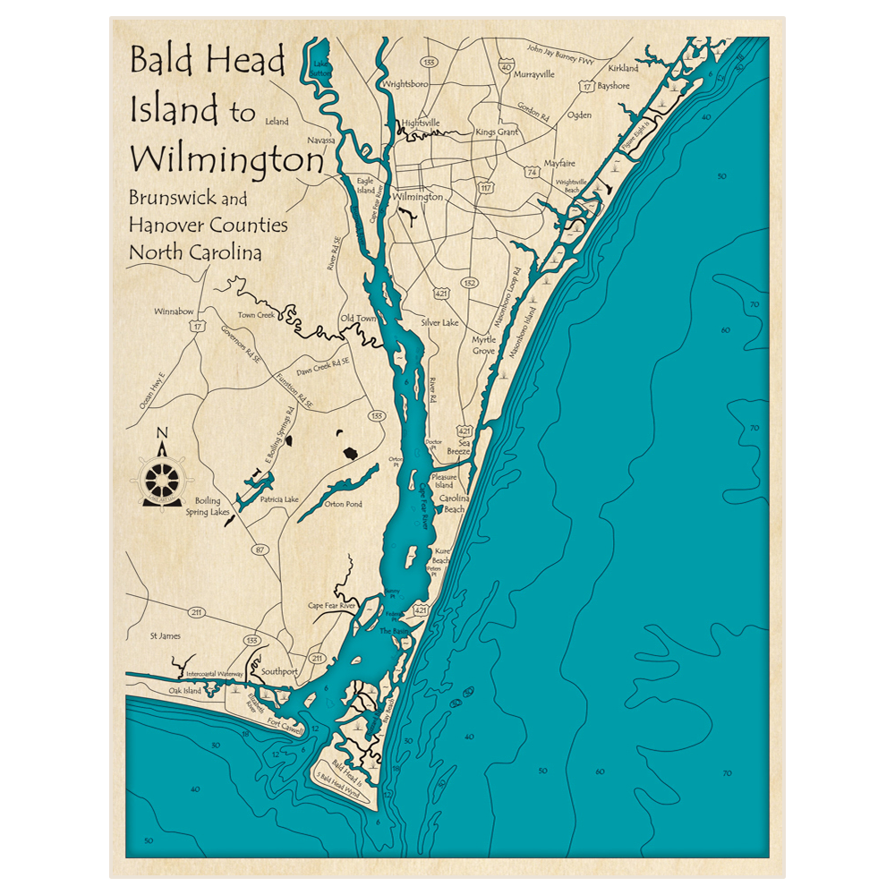 Bathymetric topo map of Bald Head Island to Wilmington with roads, towns and depths noted in blue water