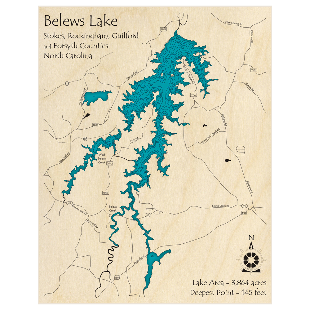 Bathymetric topo map of Belews Lake with roads, towns and depths noted in blue water