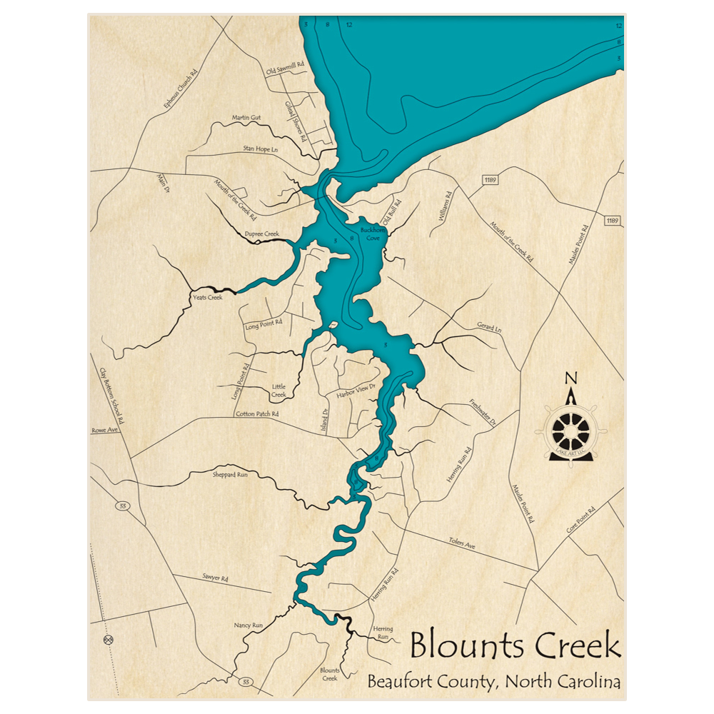 Bathymetric topo map of Blounts Creek with roads, towns and depths noted in blue water