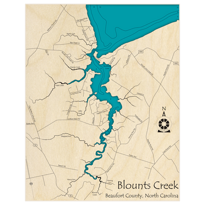 Bathymetric topo map of Blounts Creek with roads, towns and depths noted in blue water