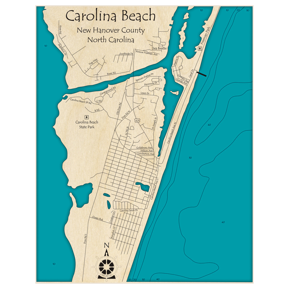 Bathymetric topo map of Carolina Beach with roads, towns and depths noted in blue water