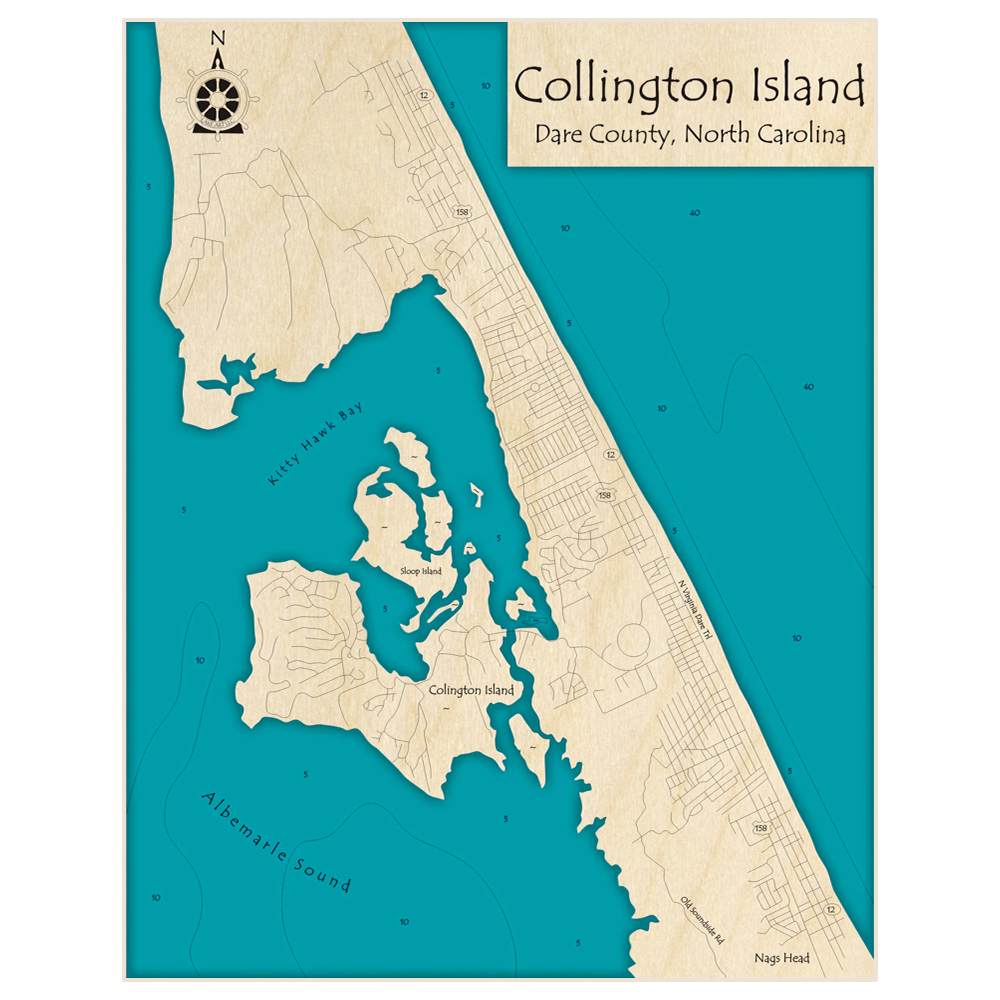 Bathymetric topo map of Collington Island - Outer Banks Region with roads, towns and depths noted in blue water