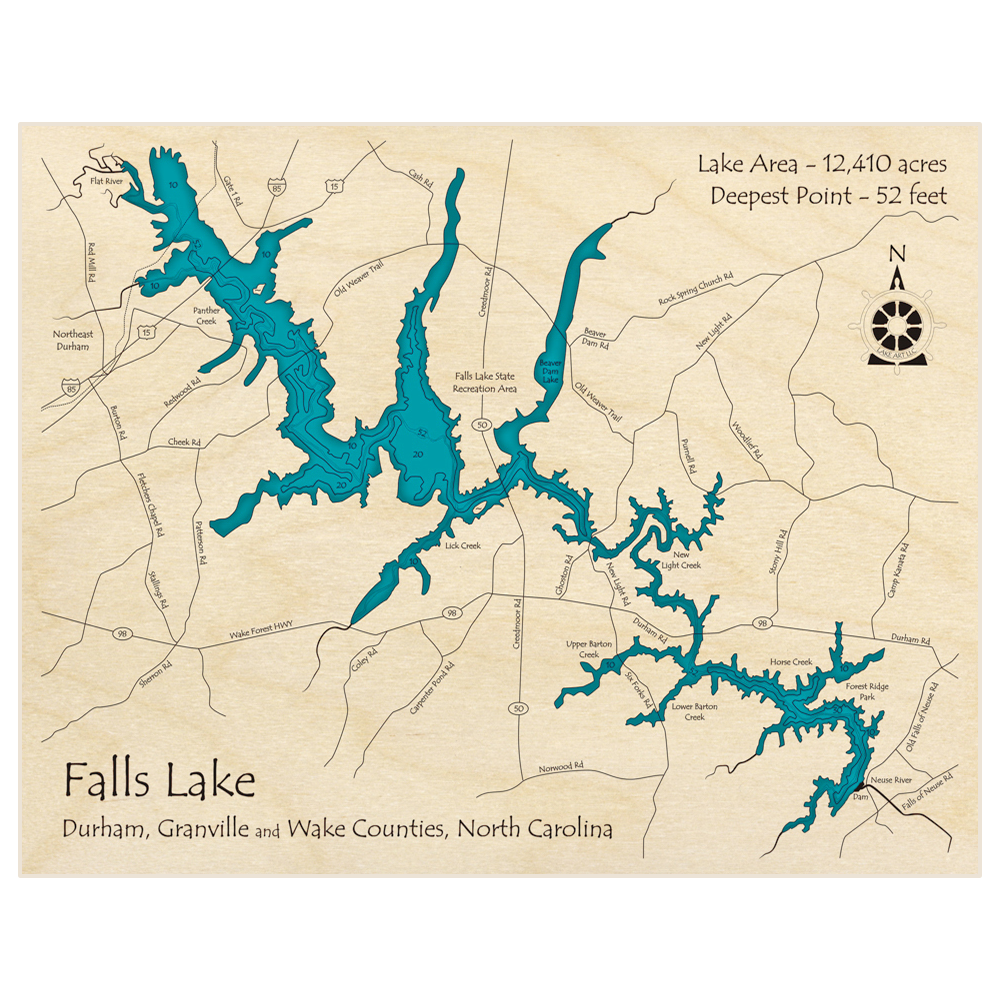 Bathymetric topo map of Falls Lake with roads, towns and depths noted in blue water