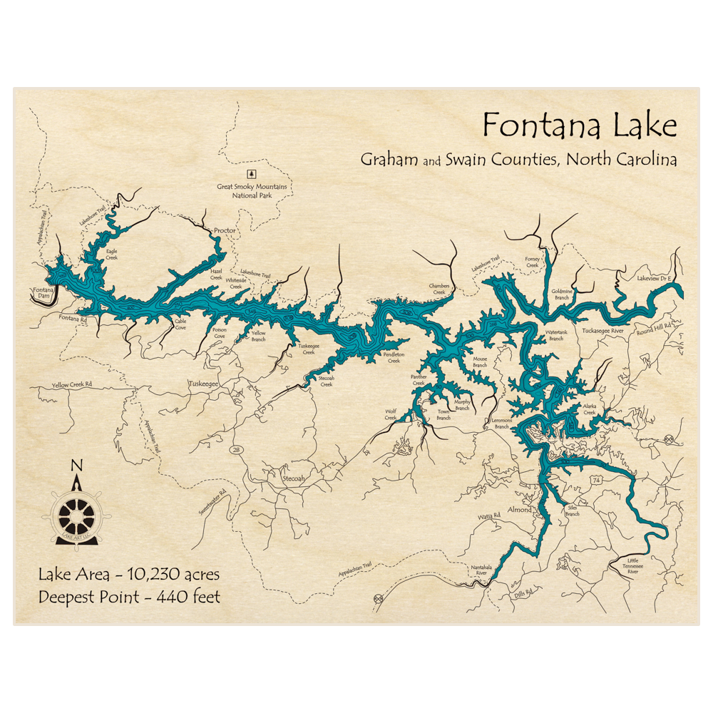 Bathymetric topo map of Fontana Lake with roads, towns and depths noted in blue water