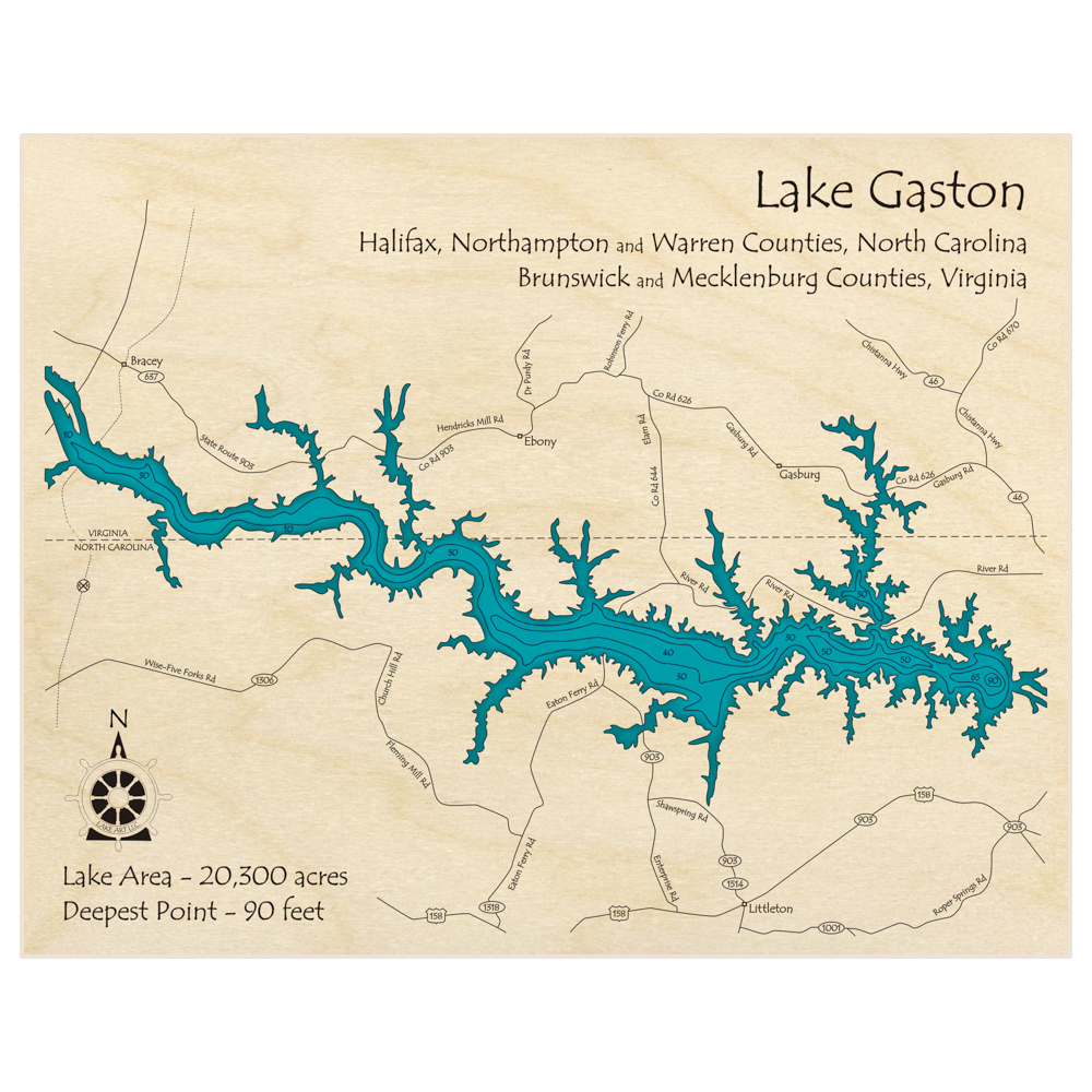 Bathymetric topo map of Lake Gaston with roads, towns and depths noted in blue water