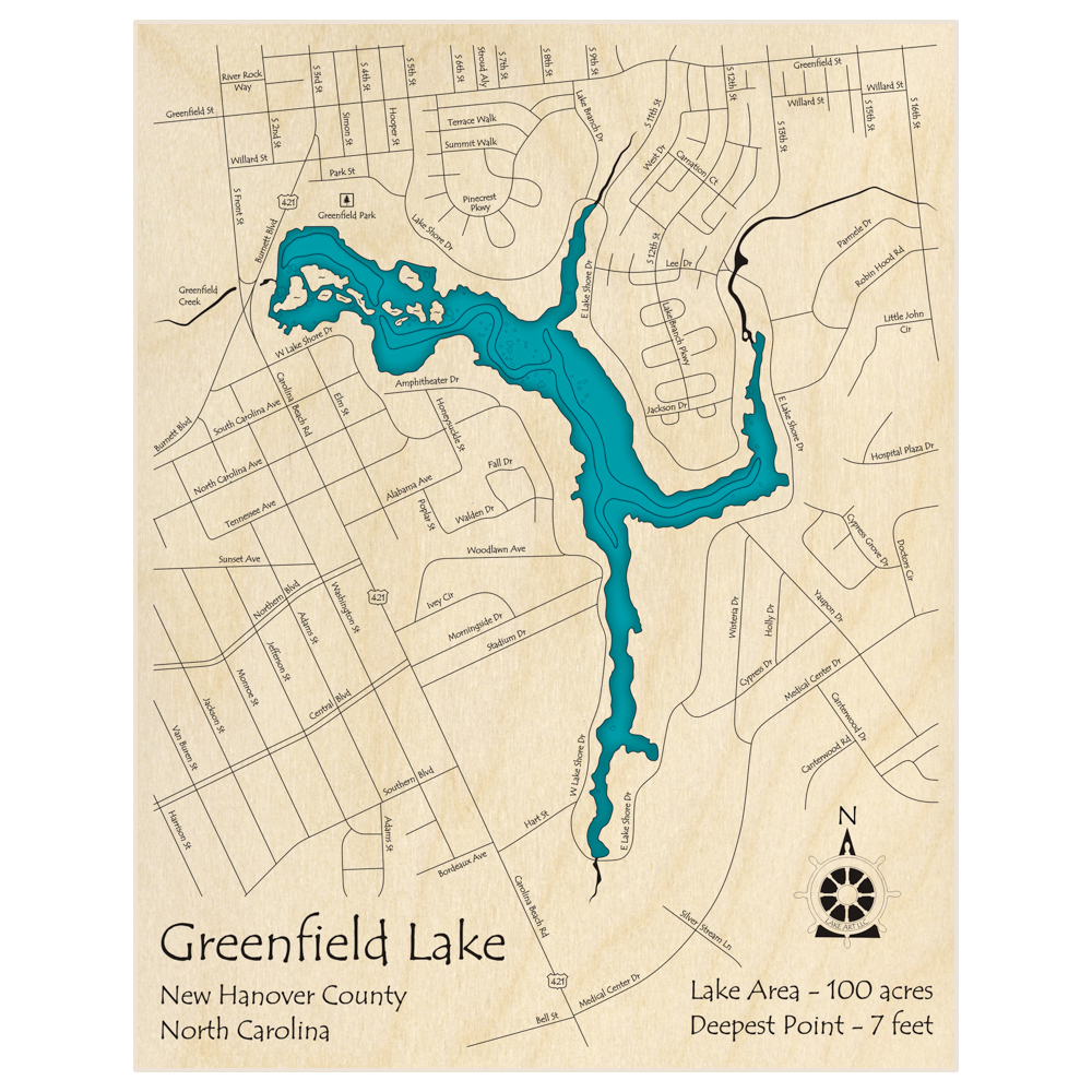Bathymetric topo map of Greenfield Lake  with roads, towns and depths noted in blue water