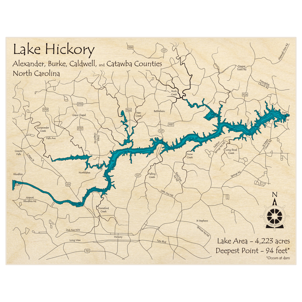 Bathymetric topo map of Lake Hickory with roads, towns and depths noted in blue water