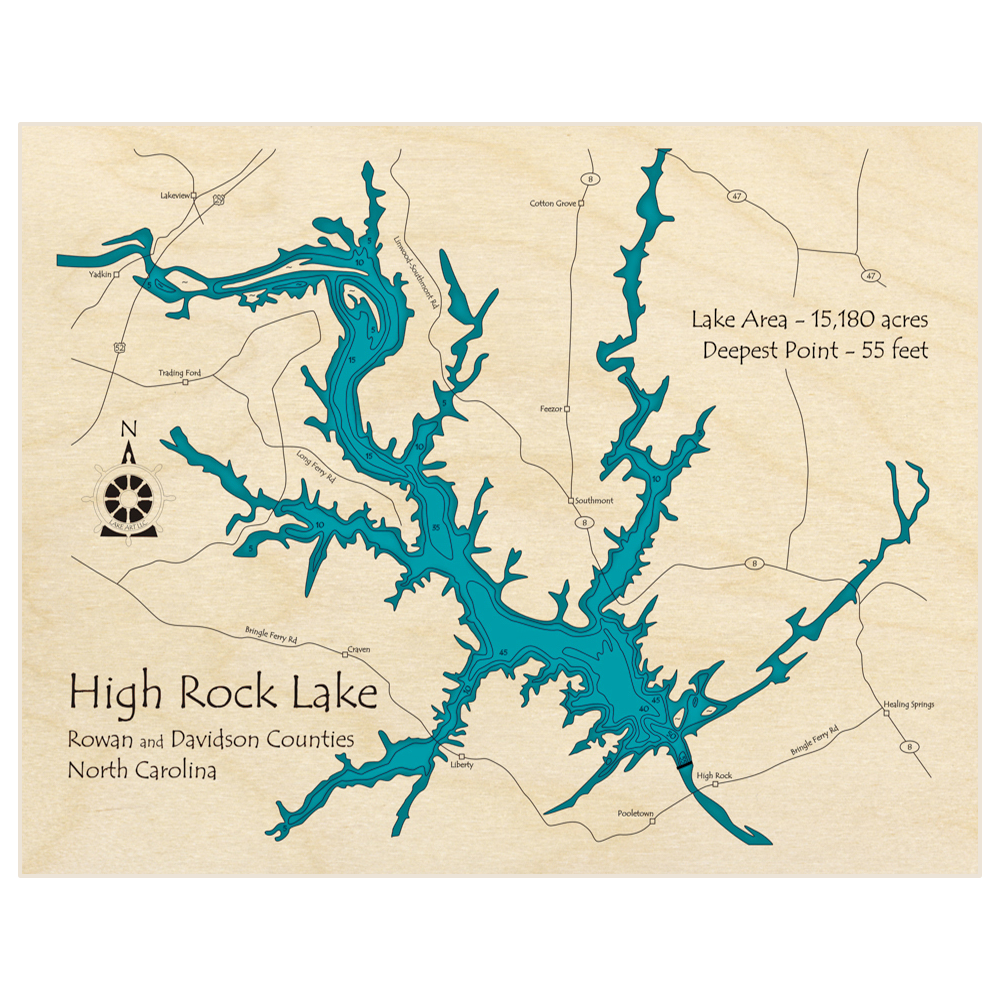 Bathymetric topo map of High Rock Lake with roads, towns and depths noted in blue water