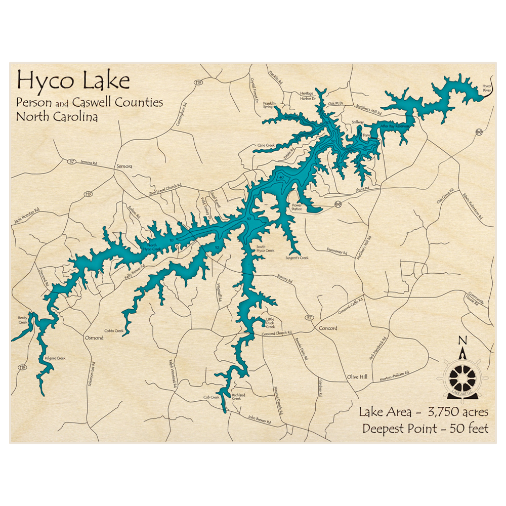 Bathymetric topo map of Hyco Reservoir with roads, towns and depths noted in blue water