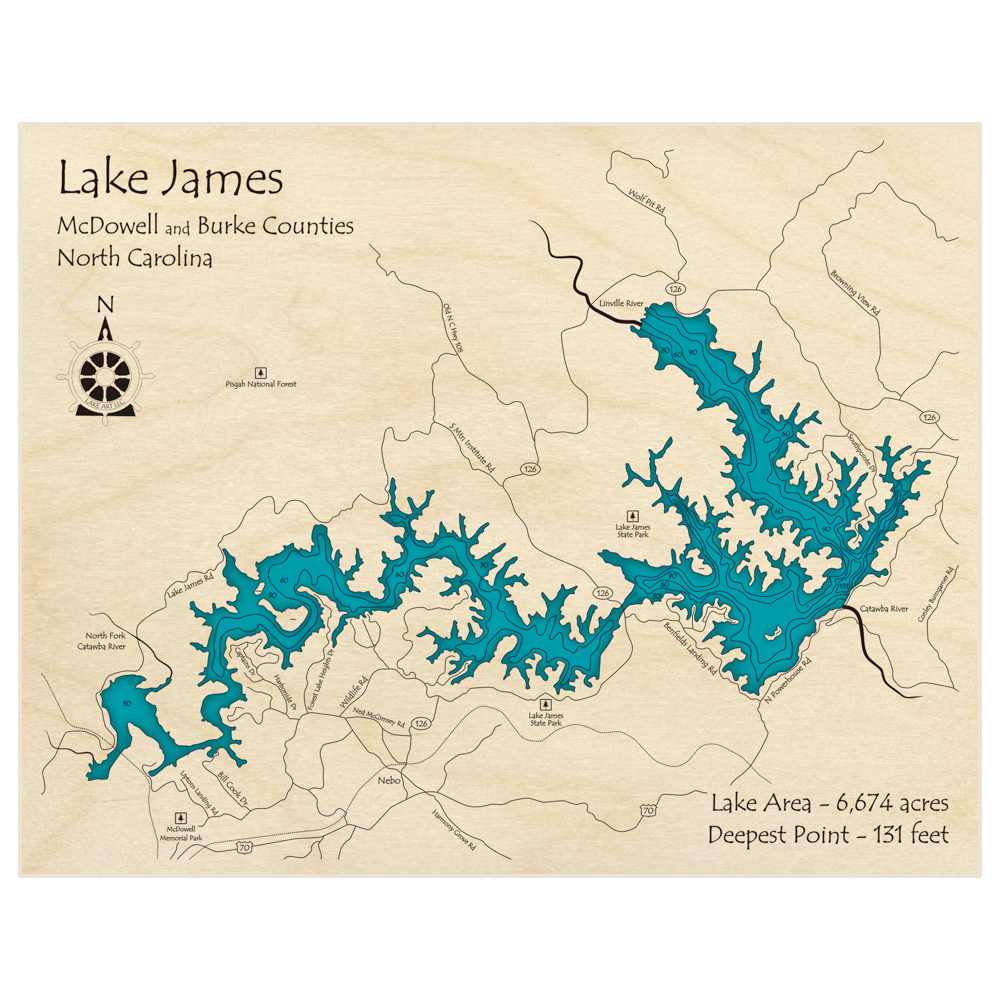 Bathymetric topo map of Lake James with roads, towns and depths noted in blue water