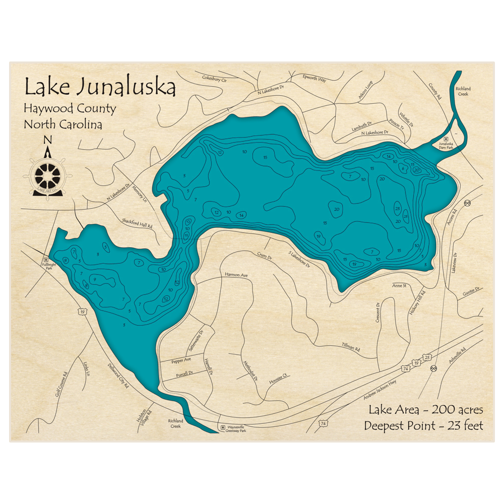 Bathymetric topo map of Lake Junaluska with roads, towns and depths noted in blue water