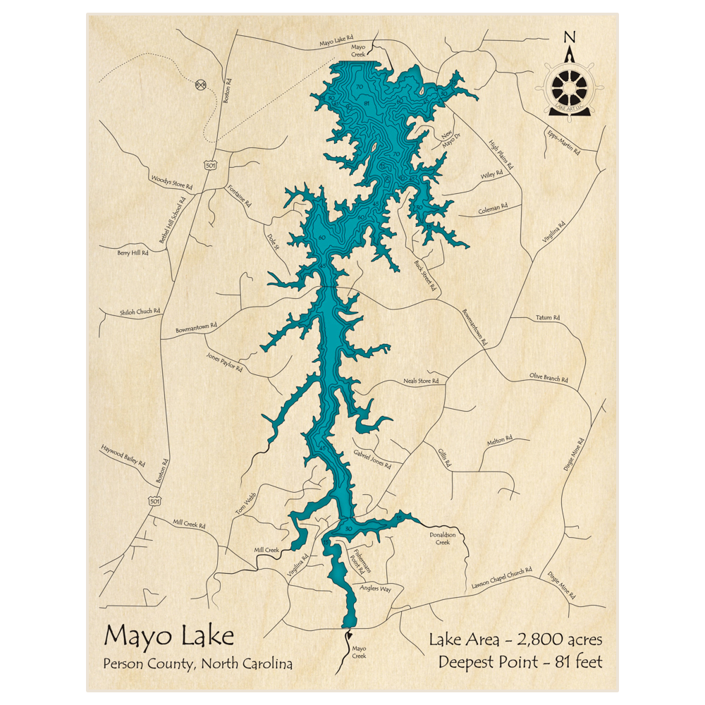 Bathymetric topo map of Mayo Reservoir with roads, towns and depths noted in blue water