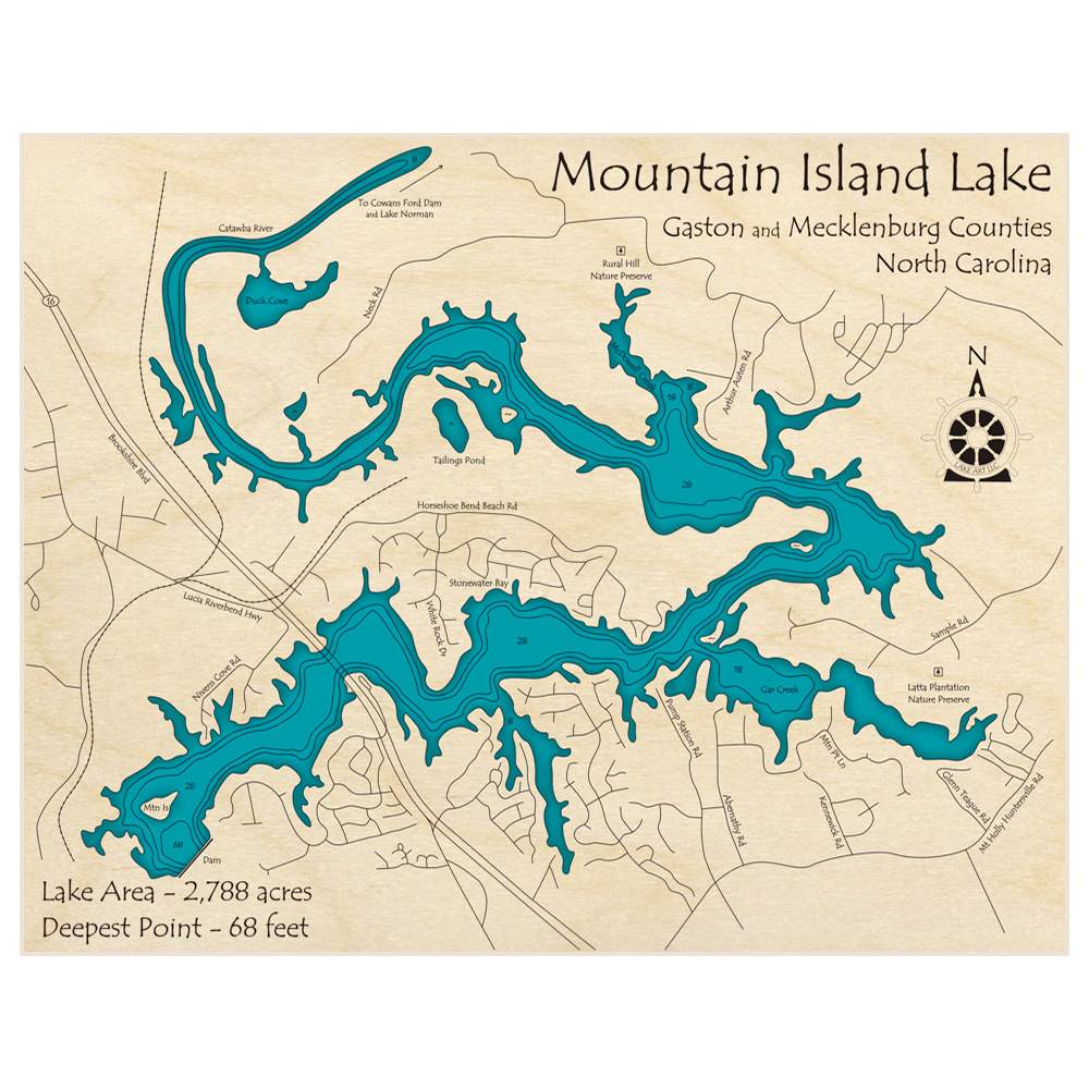 Bathymetric topo map of Mountain Island Lake with roads, towns and depths noted in blue water