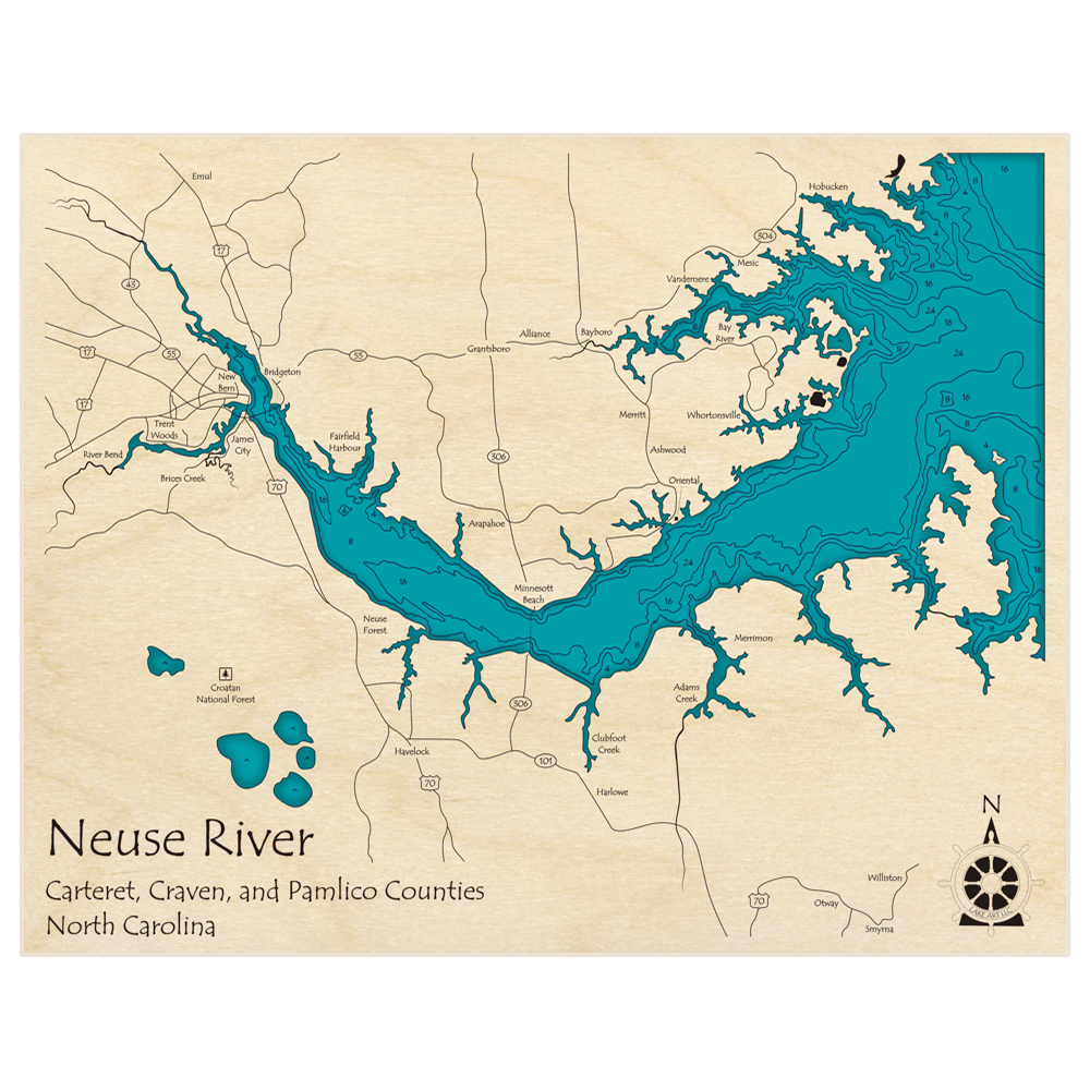 Bathymetric topo map of Neuse River with roads, towns and depths noted in blue water