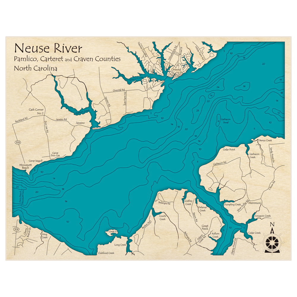 Bathymetric topo map of Neuse River at Oriental with roads, towns and depths noted in blue water