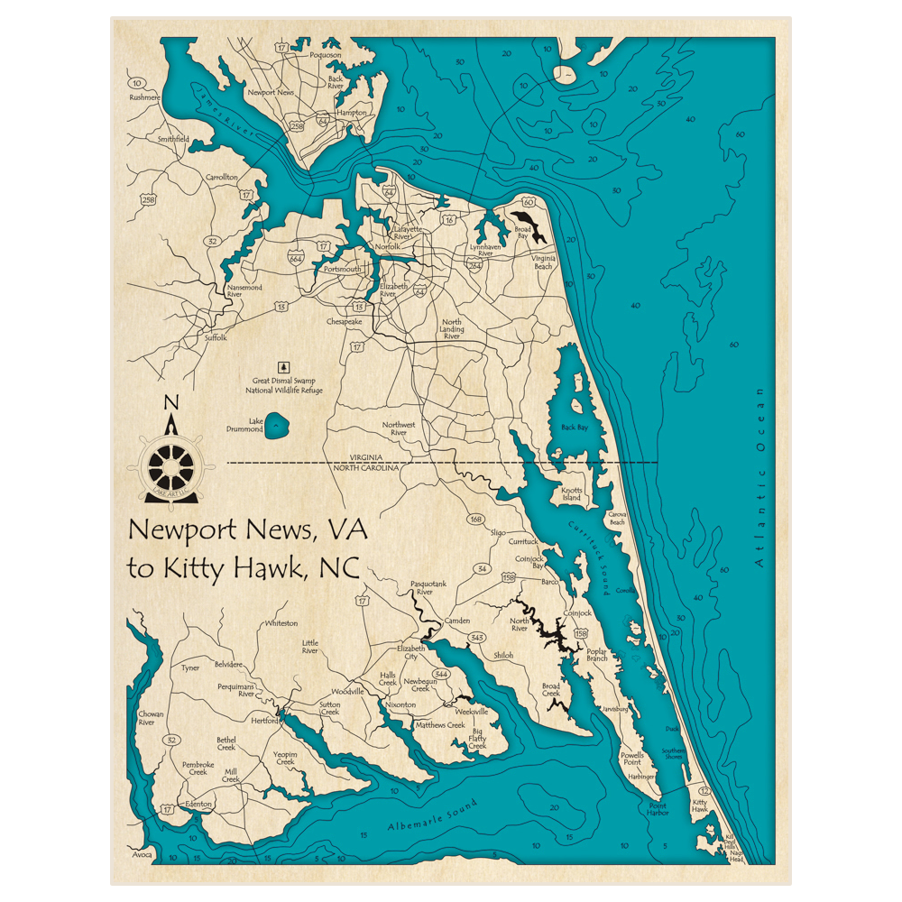 Bathymetric topo map of Coastal Region from Newport News VA to Kitty Hawk NC with roads, towns and depths noted in blue water